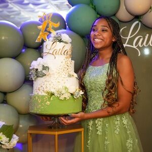 Handmade Fake Cake, 4 tiers, white, green, gold accents and flowers (no topper)